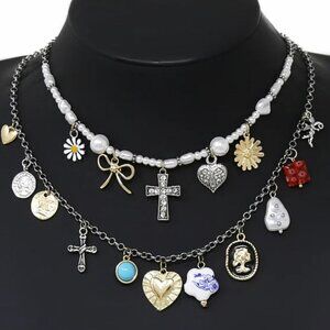 NEW Silver Multi-Layer Charm Necklace Pearls Bows Cross Boho Coquette Jewelry